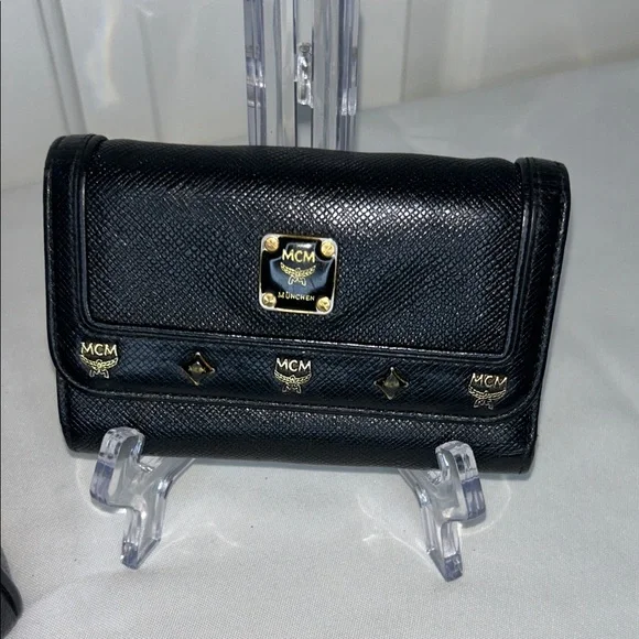 MCM Boston Mini Black Pebble Leather Bag, Matching Wallet Gold Hardware Vintage - Picture 12 of 17